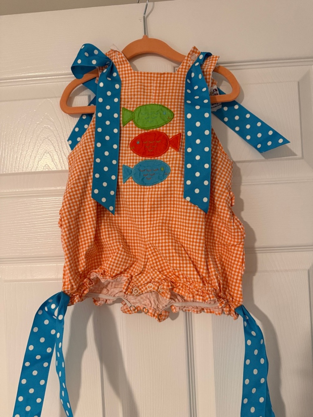 The Bailey Boys 24 month Orange Gingham Baby Romper with Blue Polka Dot Ties
